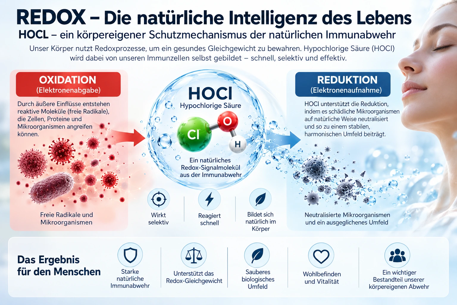 HOCl und die Redox-Balance: Übersicht mit Personenmotiv zu Redoxprozessen und der natürlichen Immunabwehr.
